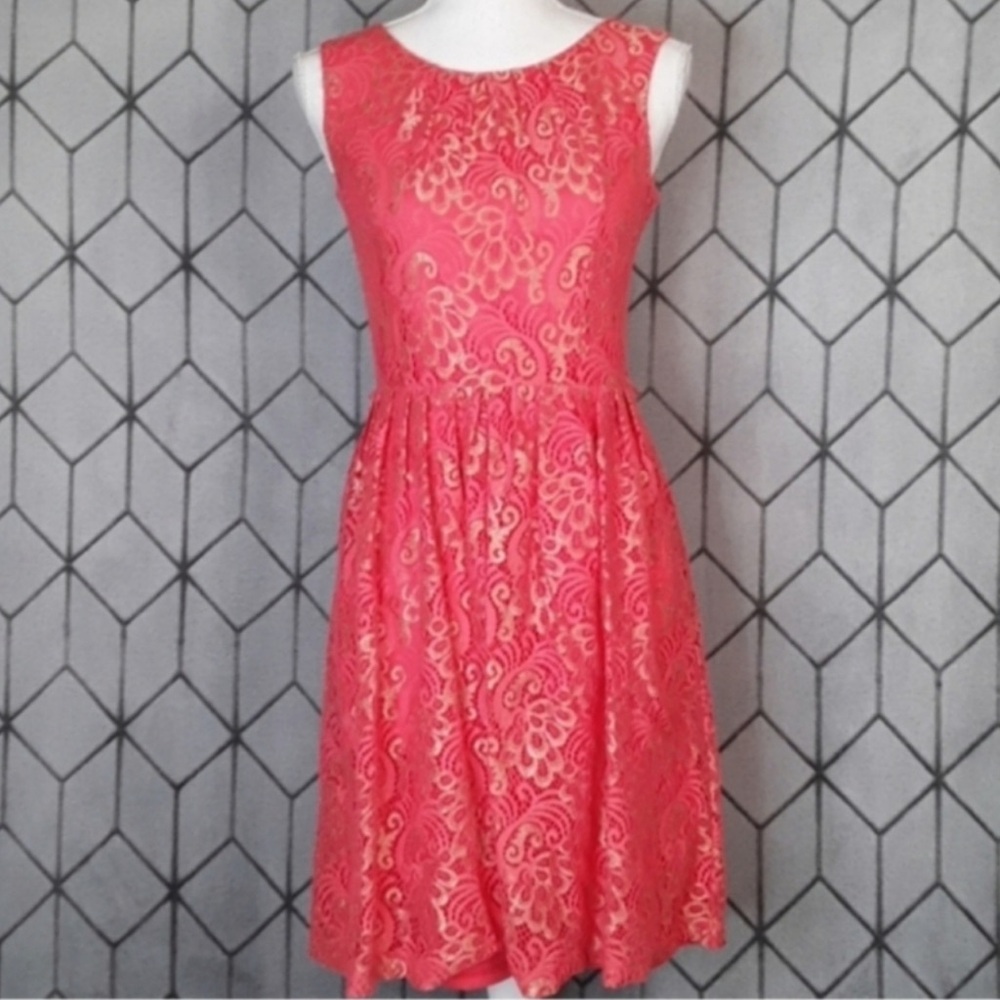 ELLEN TRACY Coral and Gold Dress with Pockets 2